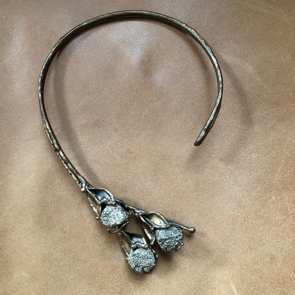 Brutalist pyrite and brass flower necklace vintage silver gold statement - Picture 4 of 13